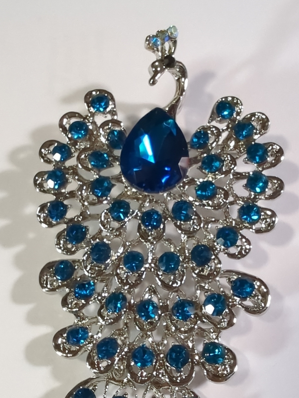 Vintage Articulated Peacock Brooch Teal Blue Crystal Rhinestones Silver 4" - Picture 2 of 10